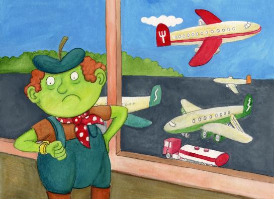 Karel wacht op het vliegtuiog