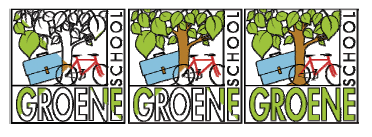 Logo's met tekst groene school en afbeelding van boom, boekentas en fiets